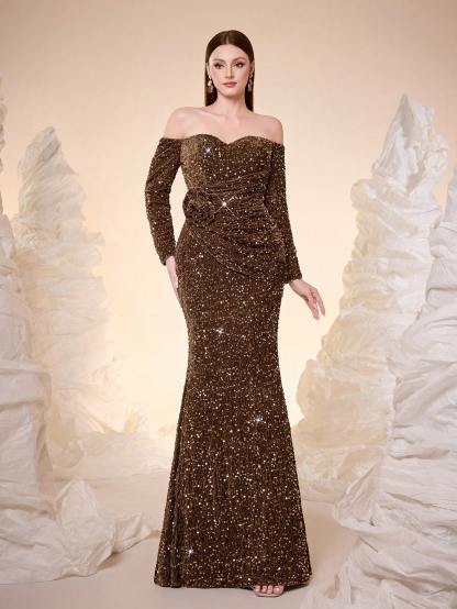 Leely Off The Shoulder Long Sleeve Prom Dress