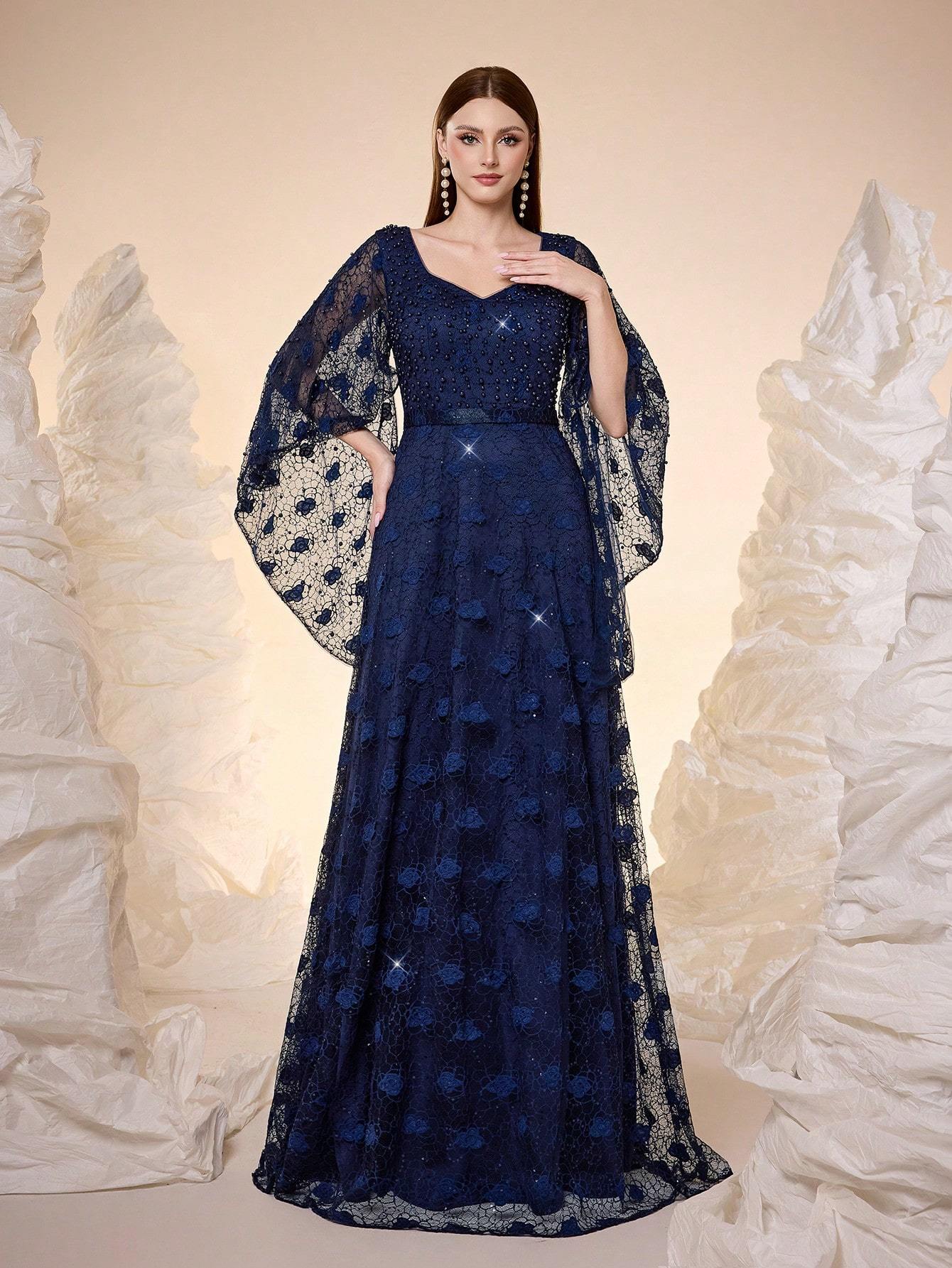 Leely Women's Elegant Sweetheart Cloak Sleeve Lace A-Line Dress