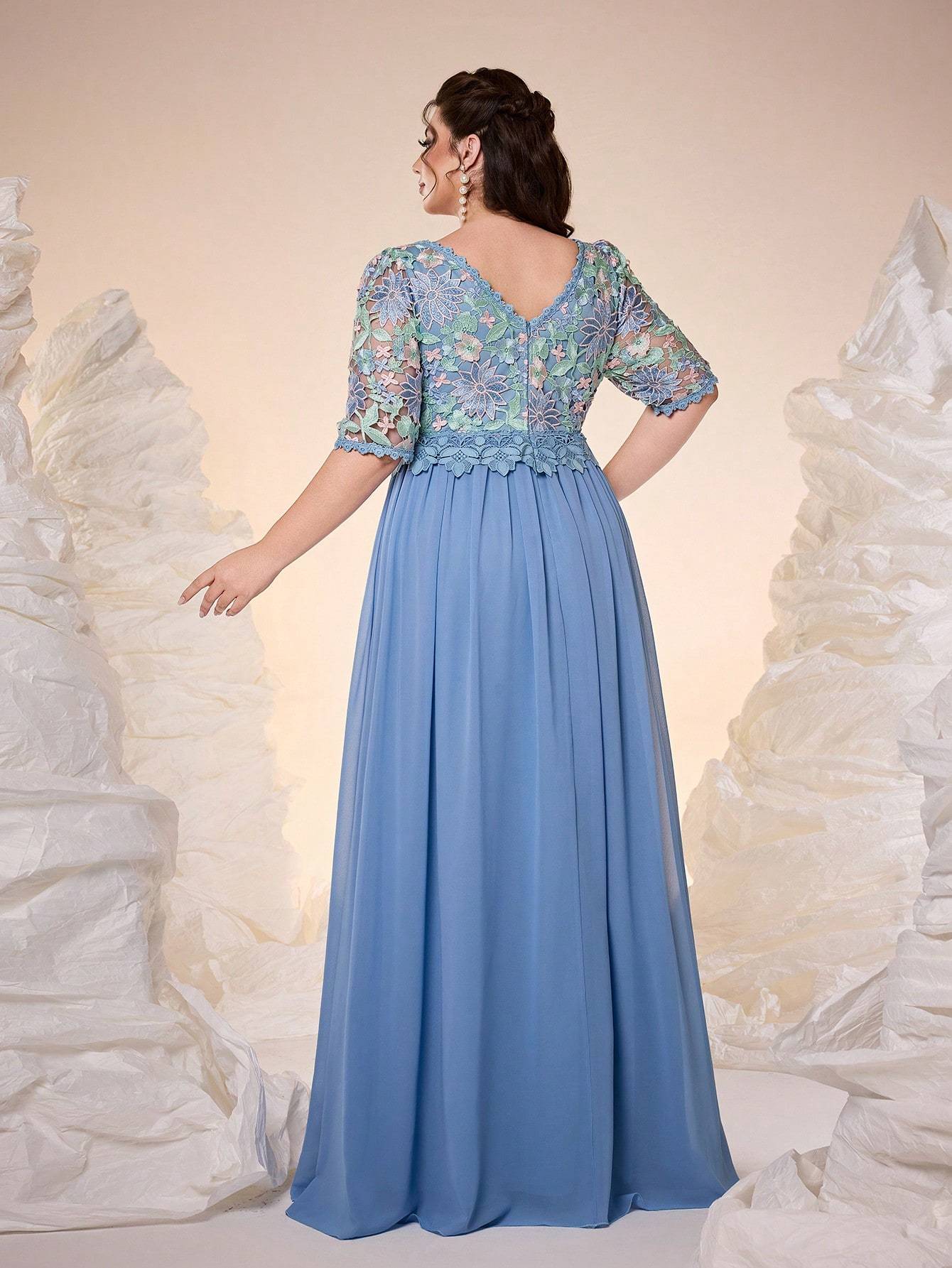 Leely Plus Women's Elegant V Neck Half Sleeve A-line Party Dress