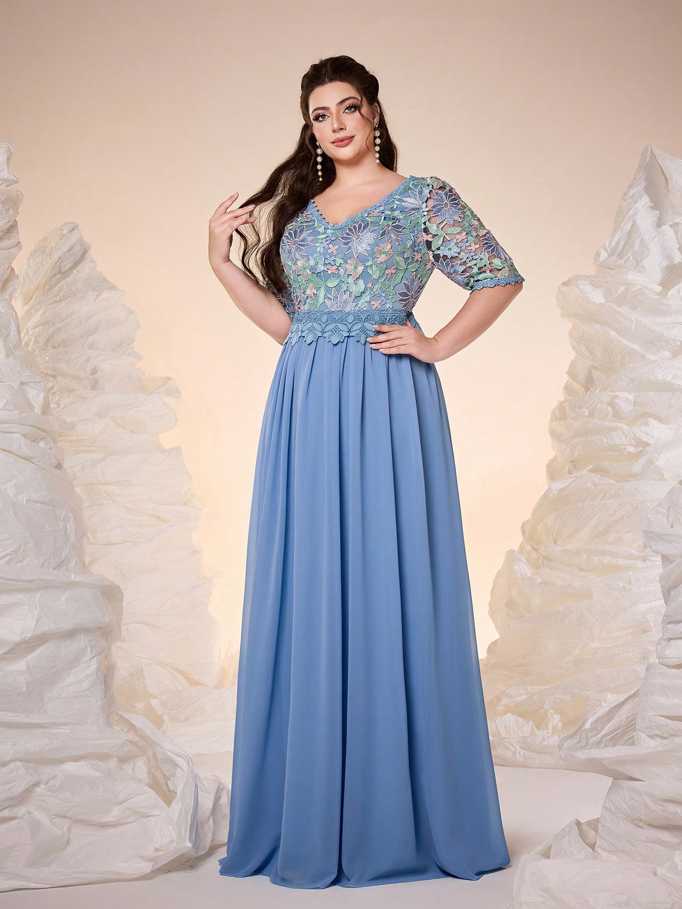 Leely Plus Women's Elegant V Neck Half Sleeve A-line Party Dress