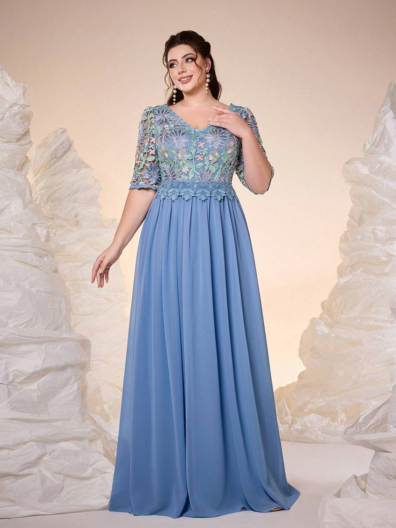 Leely Plus Women's Elegant V Neck Half Sleeve A-line Party Dress