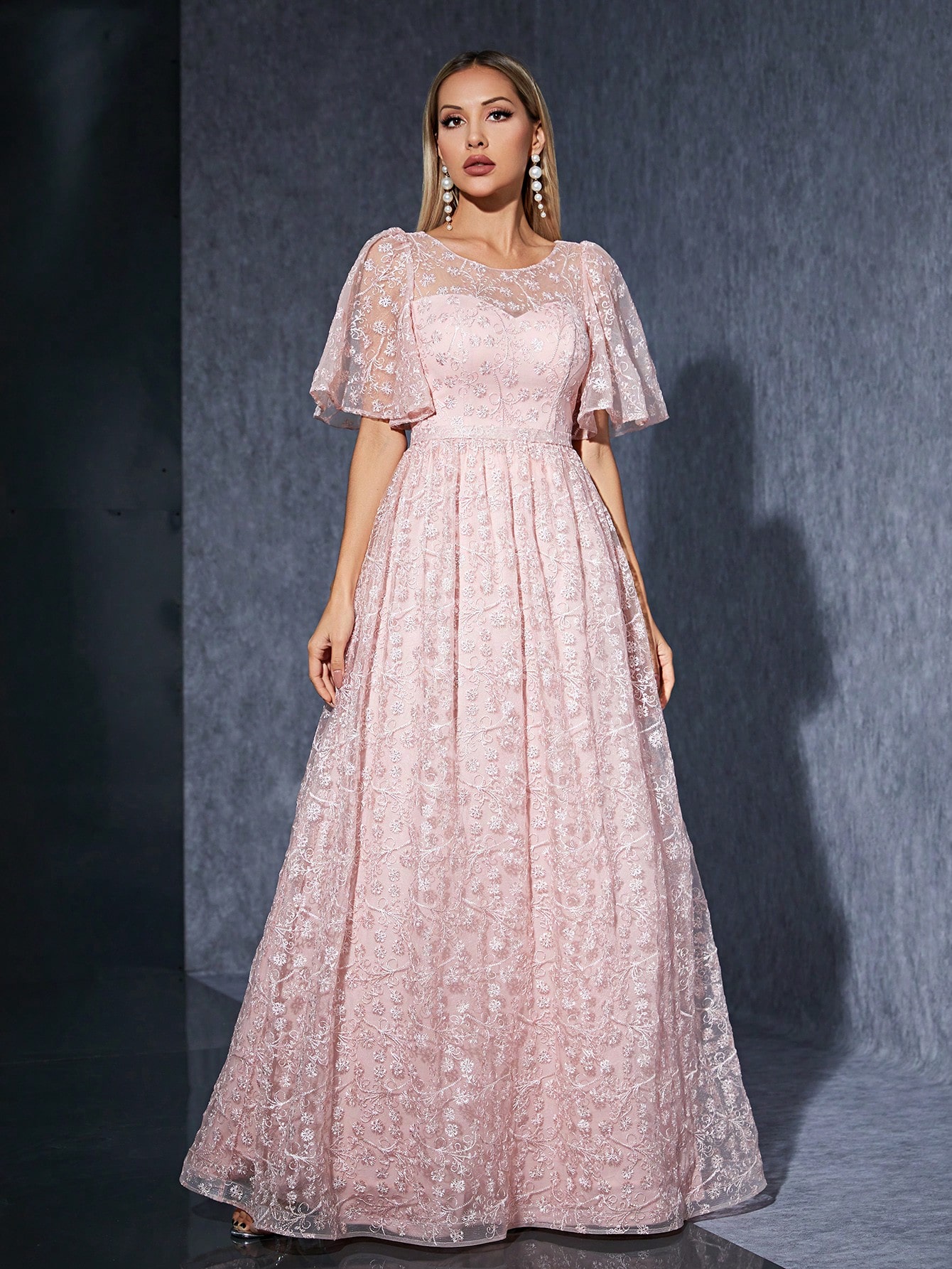 Leely Women's Elegant Round Neck Flounce Sleeve Prom Dress