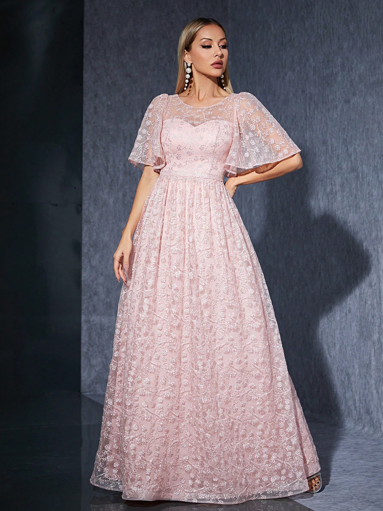 Leely Women's Elegant Round Neck Flounce Sleeve Prom Dress