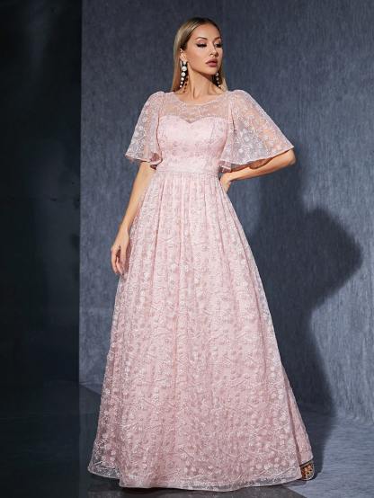 Leely Women's Elegant Round Neck Flounce Sleeve Prom Dress
