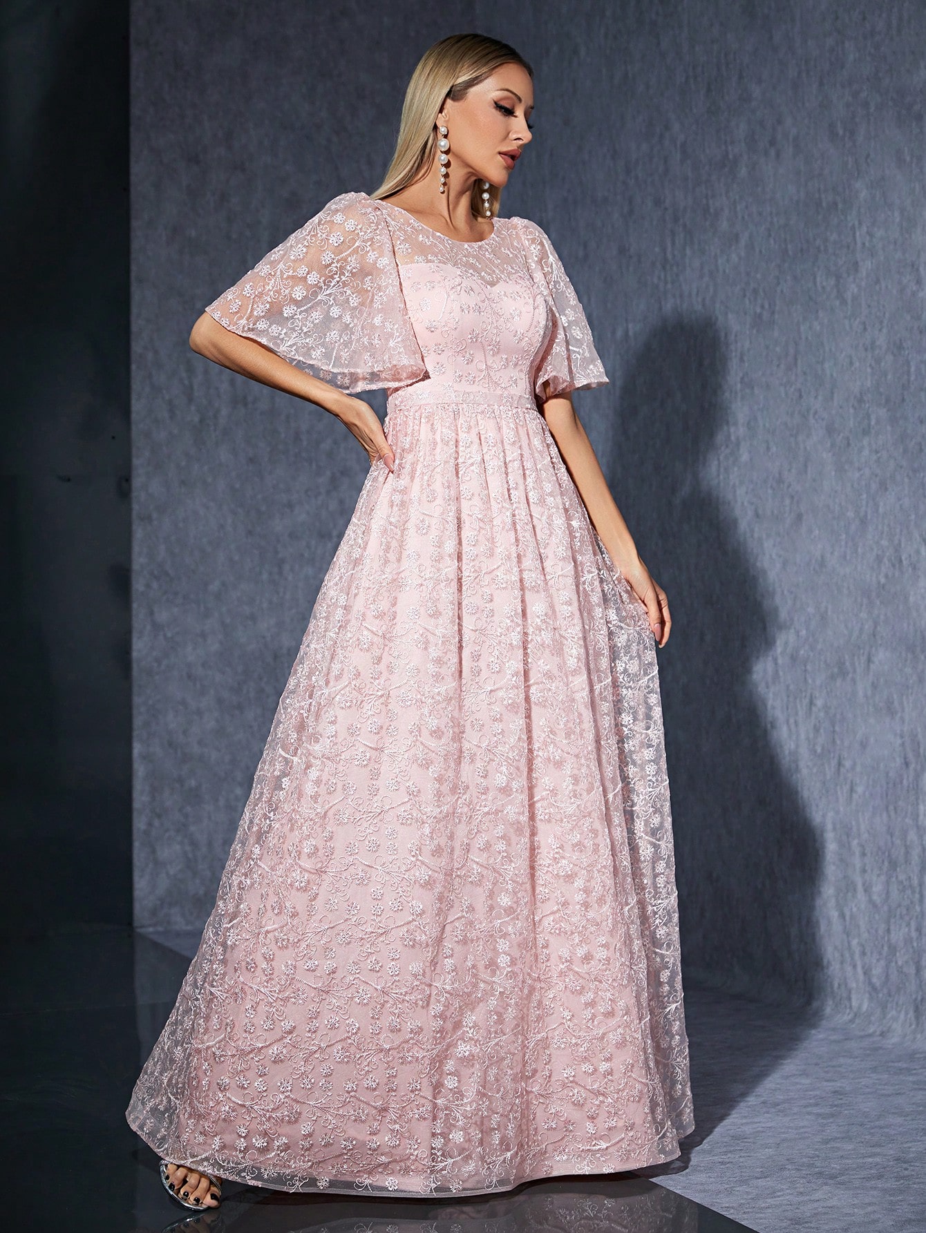 Leely Women's Elegant Round Neck Flounce Sleeve Prom Dress