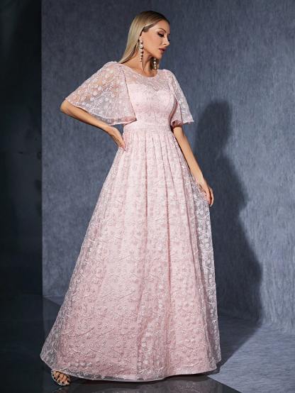 Leely Women's Elegant Round Neck Flounce Sleeve Prom Dress