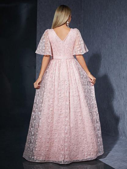 Leely Women's Elegant Round Neck Flounce Sleeve Prom Dress