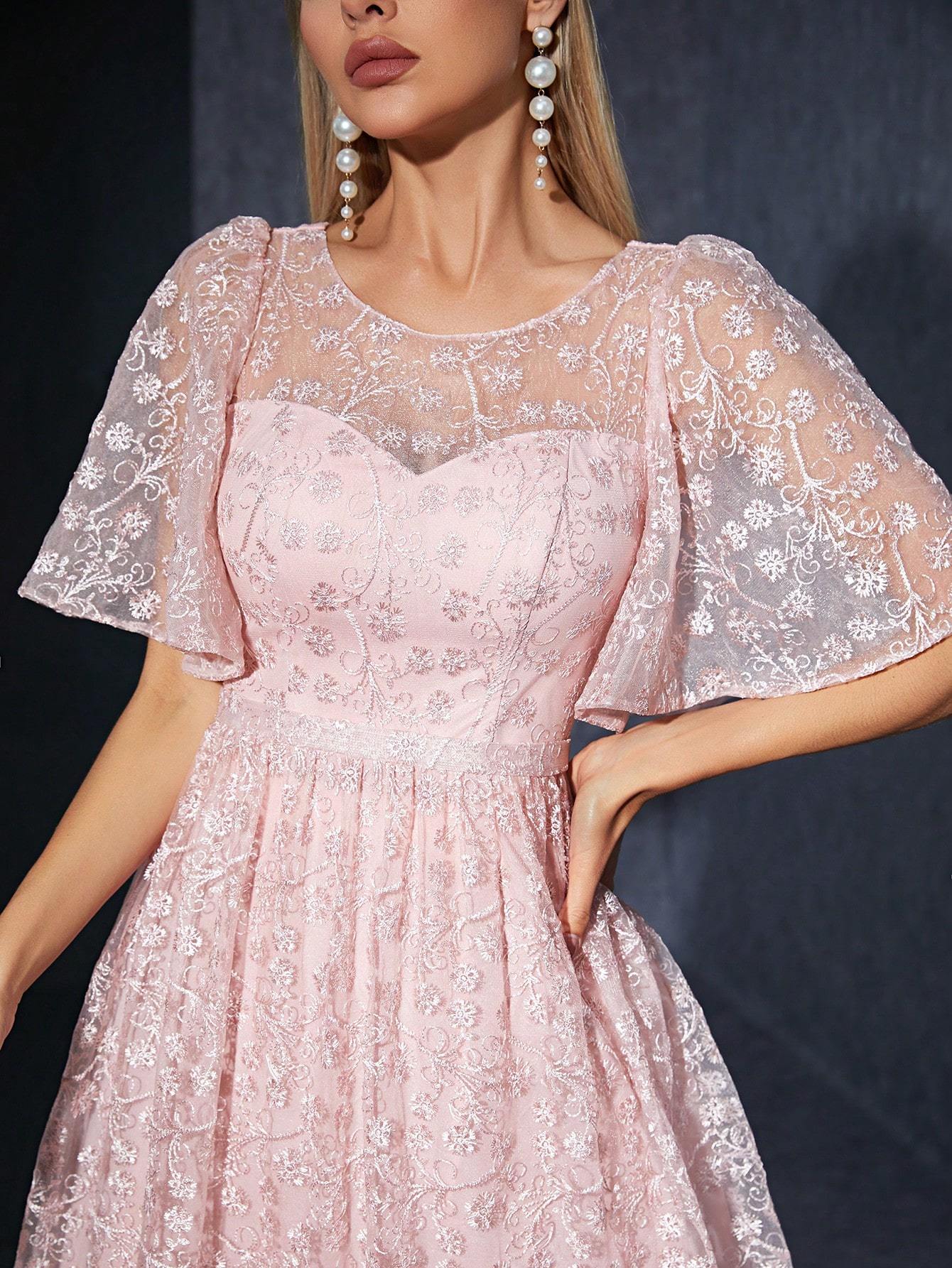 Leely Women's Elegant Round Neck Flounce Sleeve Prom Dress