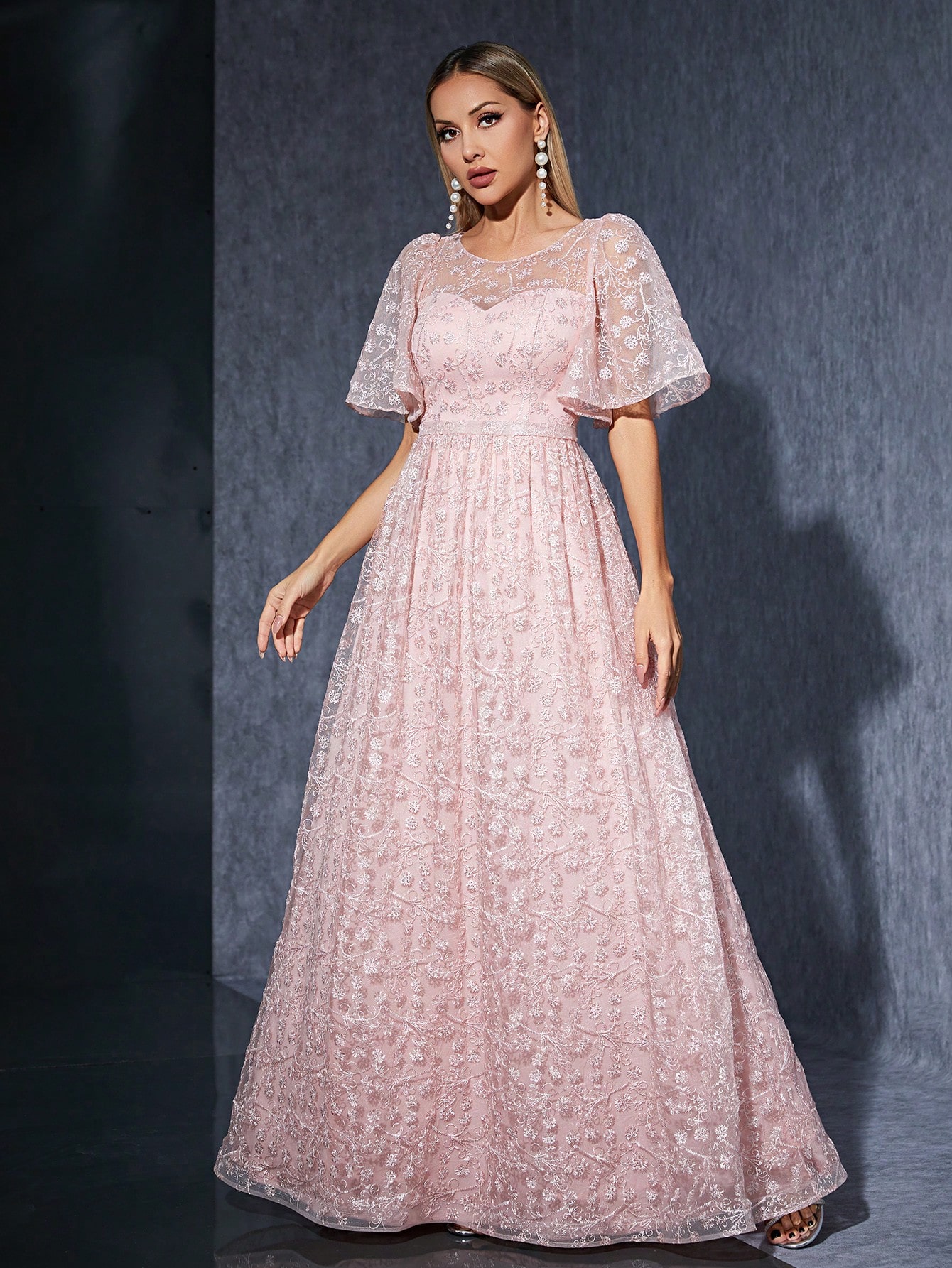 Leely Women's Elegant Round Neck Flounce Sleeve Prom Dress