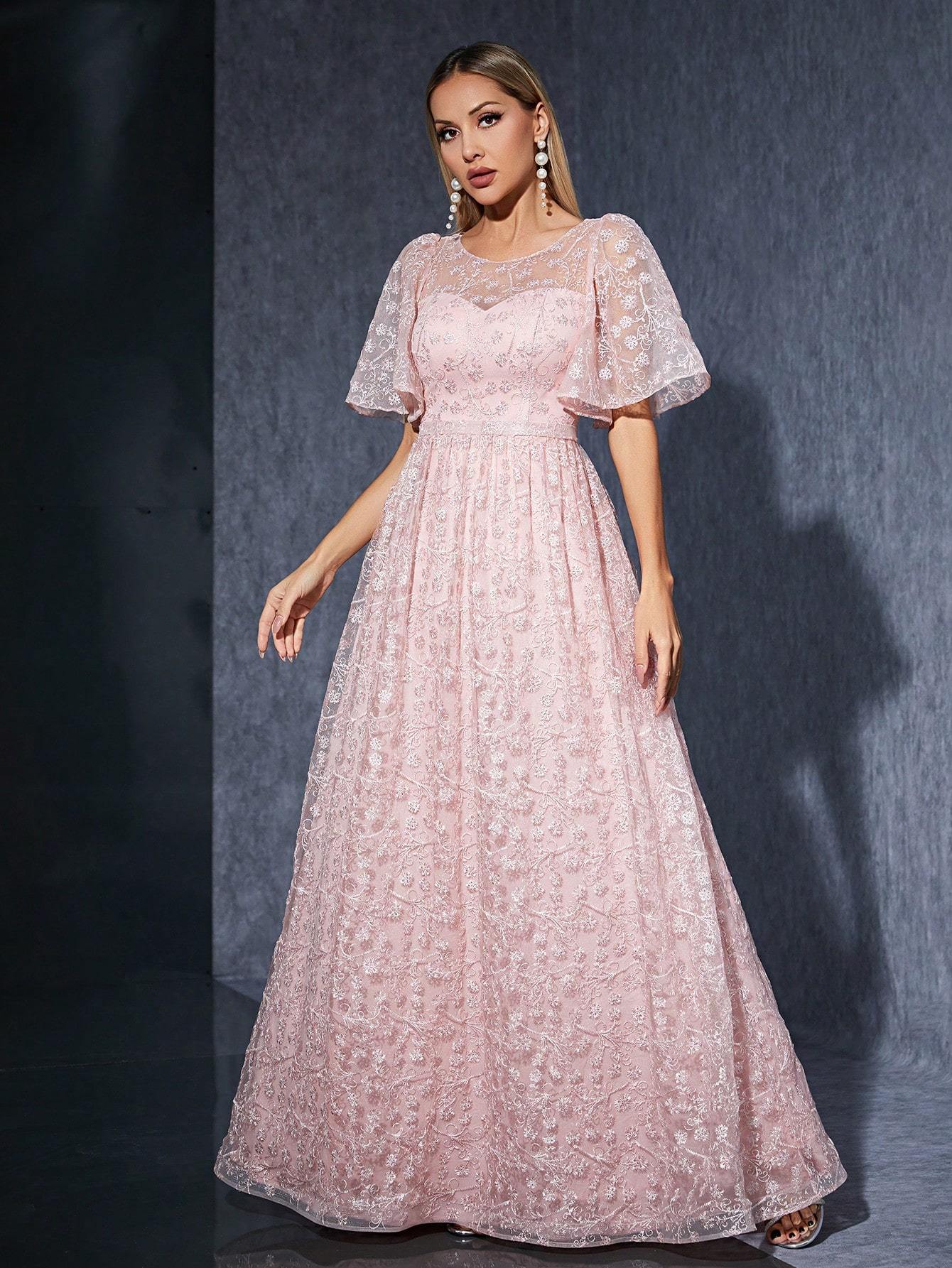 Leely Women's Elegant Round Neck Flounce Sleeve Prom Dress