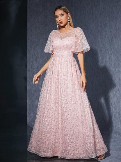Leely Women's Elegant Round Neck Flounce Sleeve Prom Dress