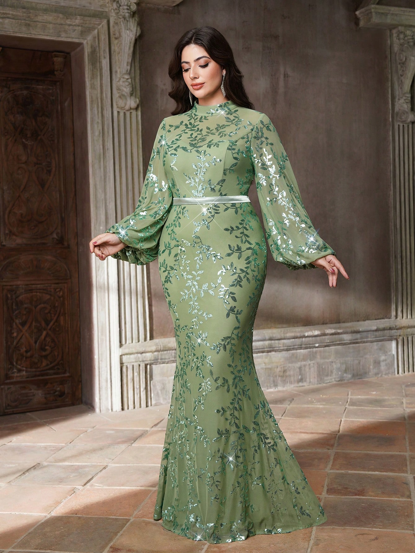 Leely Plus Women's Elegant High Neck Bishop Sleeve Party Dress