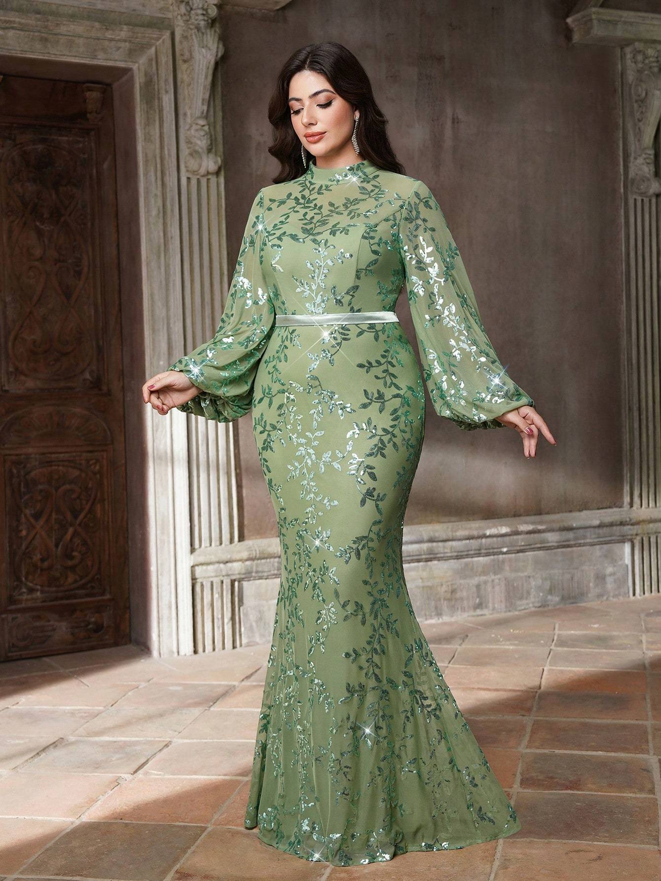 Leely Plus Women's Elegant High Neck Bishop Sleeve Party Dress