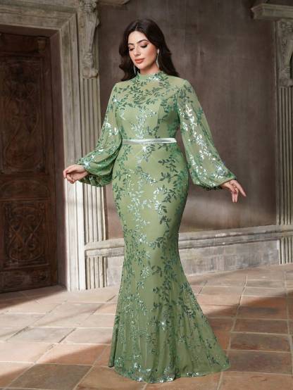 Leely Plus Women's Elegant High Neck Bishop Sleeve Party Dress