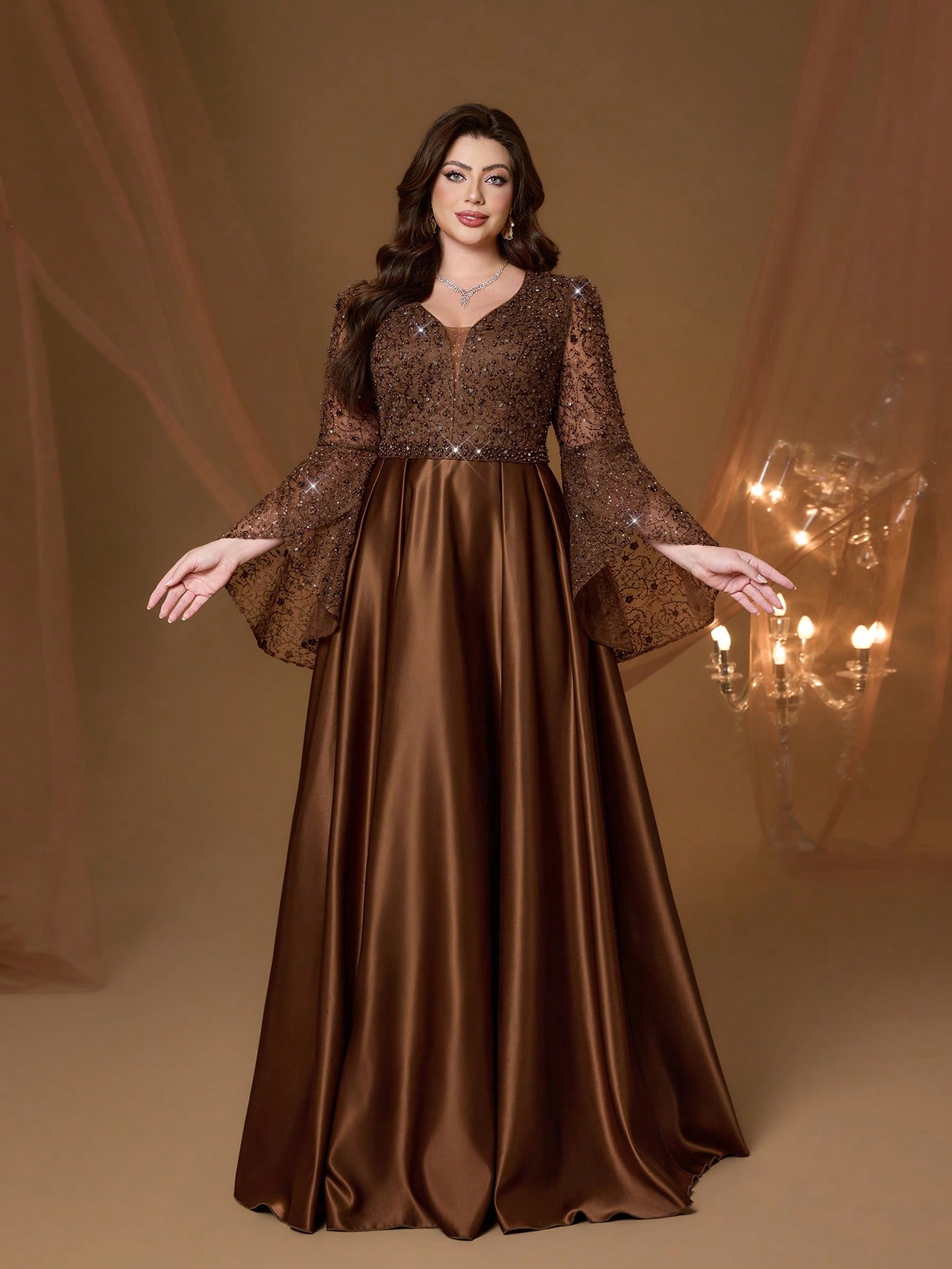Leely Plus Women's Elegant V Neck Flare Sleeve A-line Party Dress