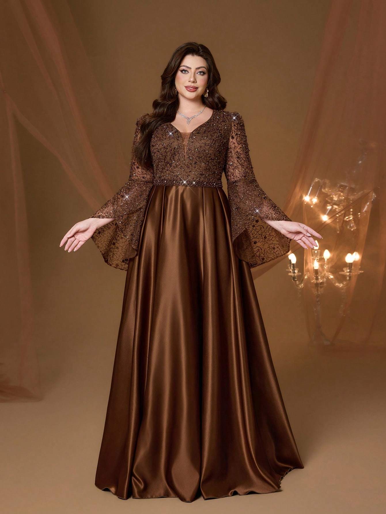 Leely Plus Women's Elegant V Neck Flare Sleeve A-line Party Dress