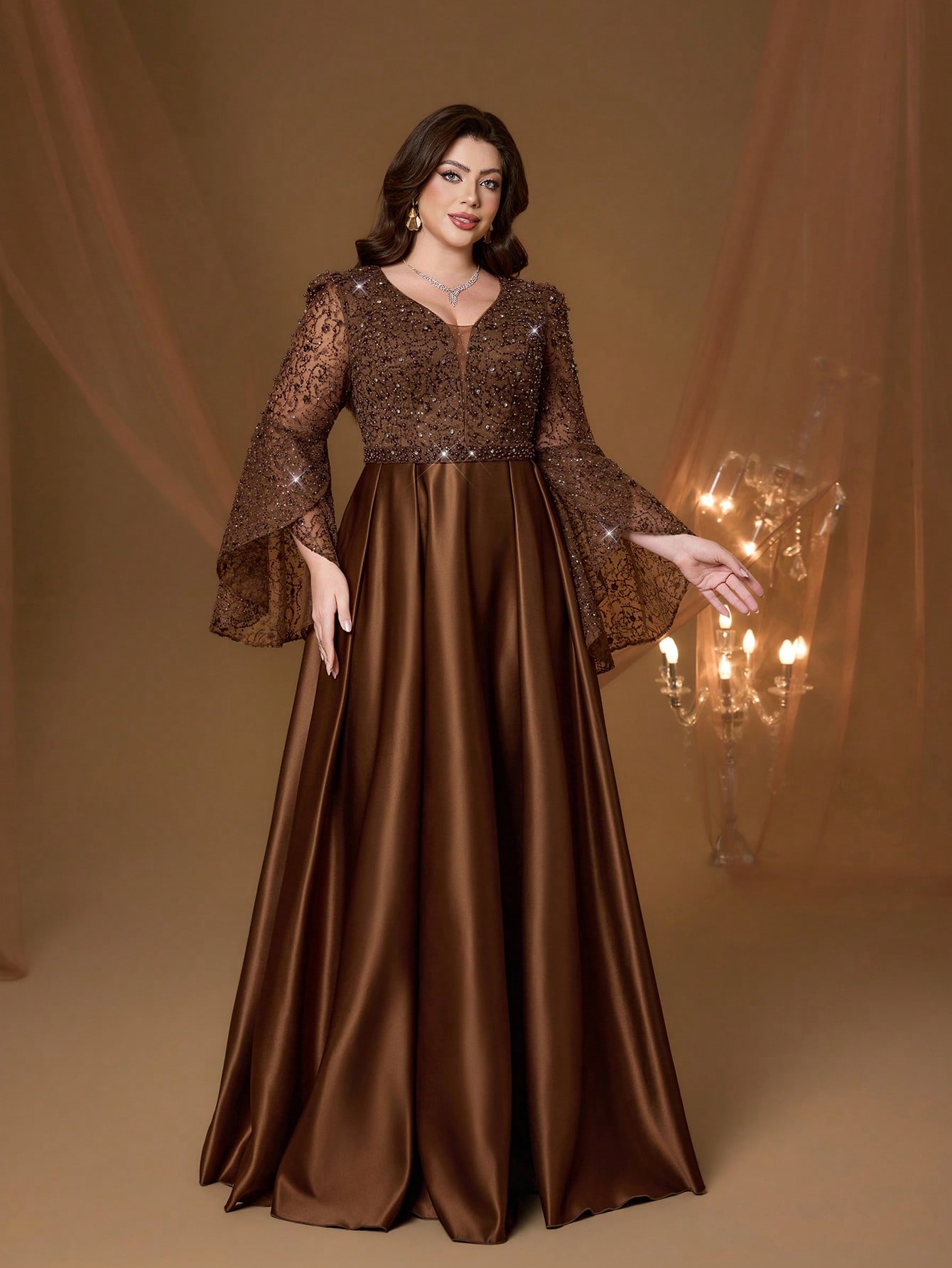Leely Plus Women's Elegant V Neck Flare Sleeve A-line Party Dress