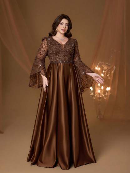 Leely Plus Women's Elegant V Neck Flare Sleeve A-line Party Dress