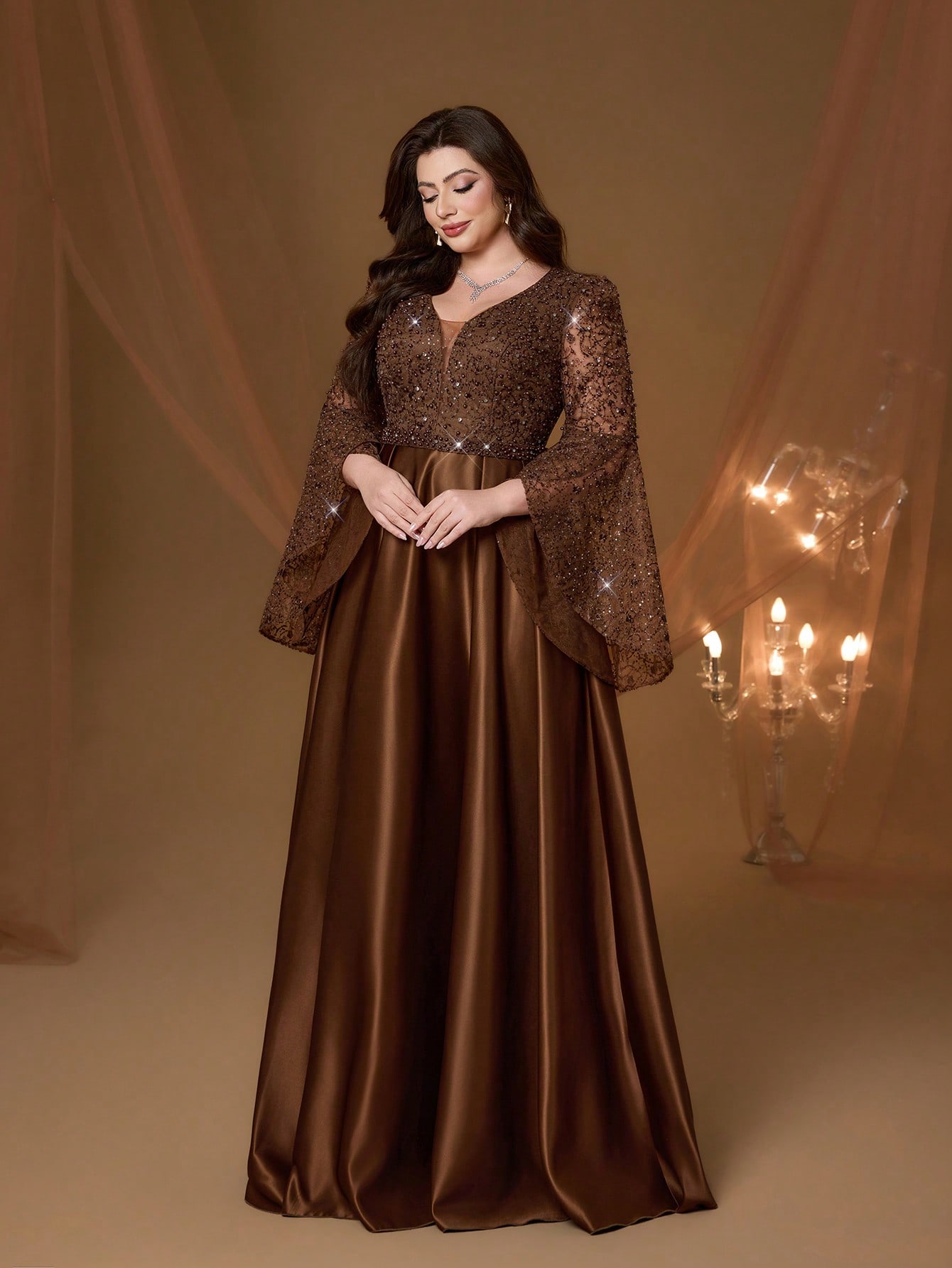 Leely Plus Women's Elegant V Neck Flare Sleeve A-line Party Dress