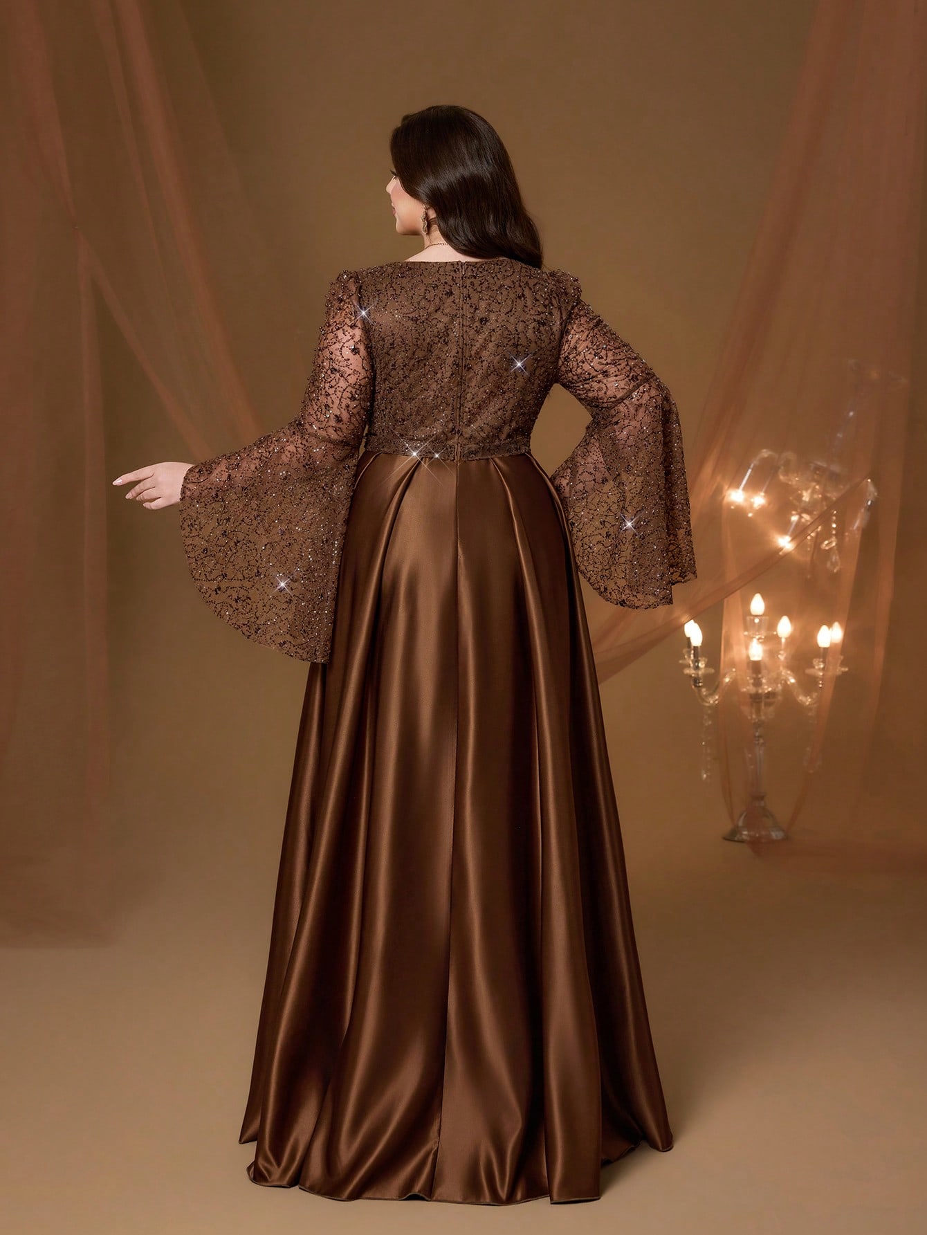Leely Plus Women's Elegant V Neck Flare Sleeve A-line Party Dress