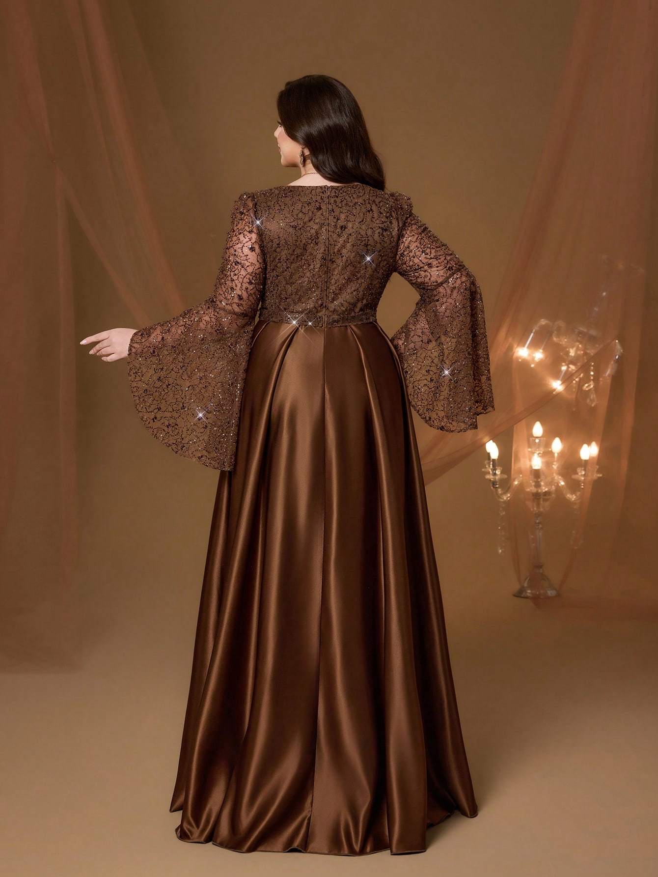 Leely Plus Women's Elegant V Neck Flare Sleeve A-line Party Dress