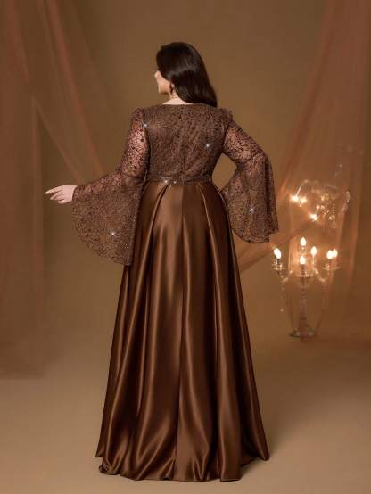 Leely Plus Women's Elegant V Neck Flare Sleeve A-line Party Dress