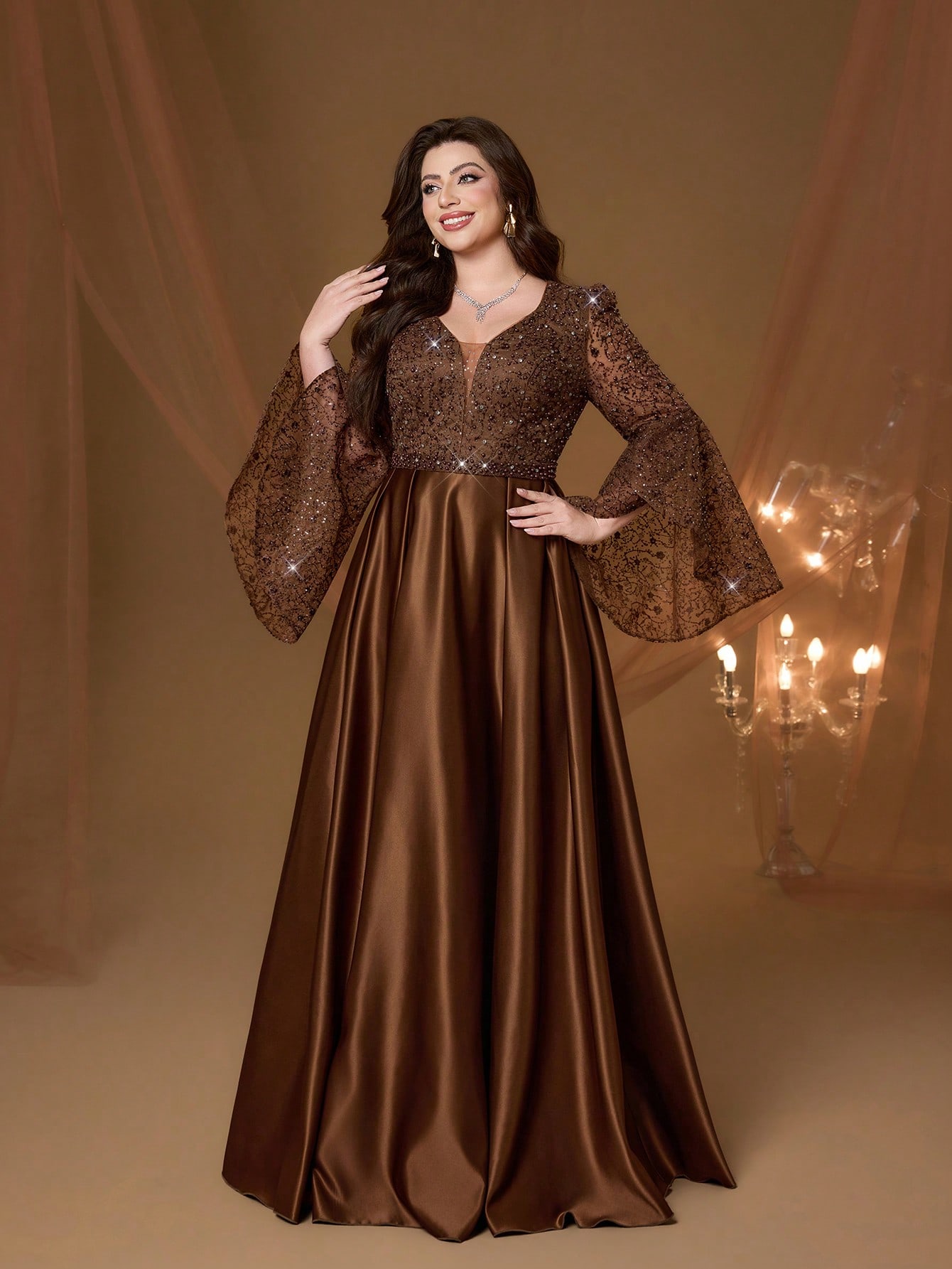 Leely Women's Elegant Sweetheart Cloak Sleeve Lace A-Line Dress
