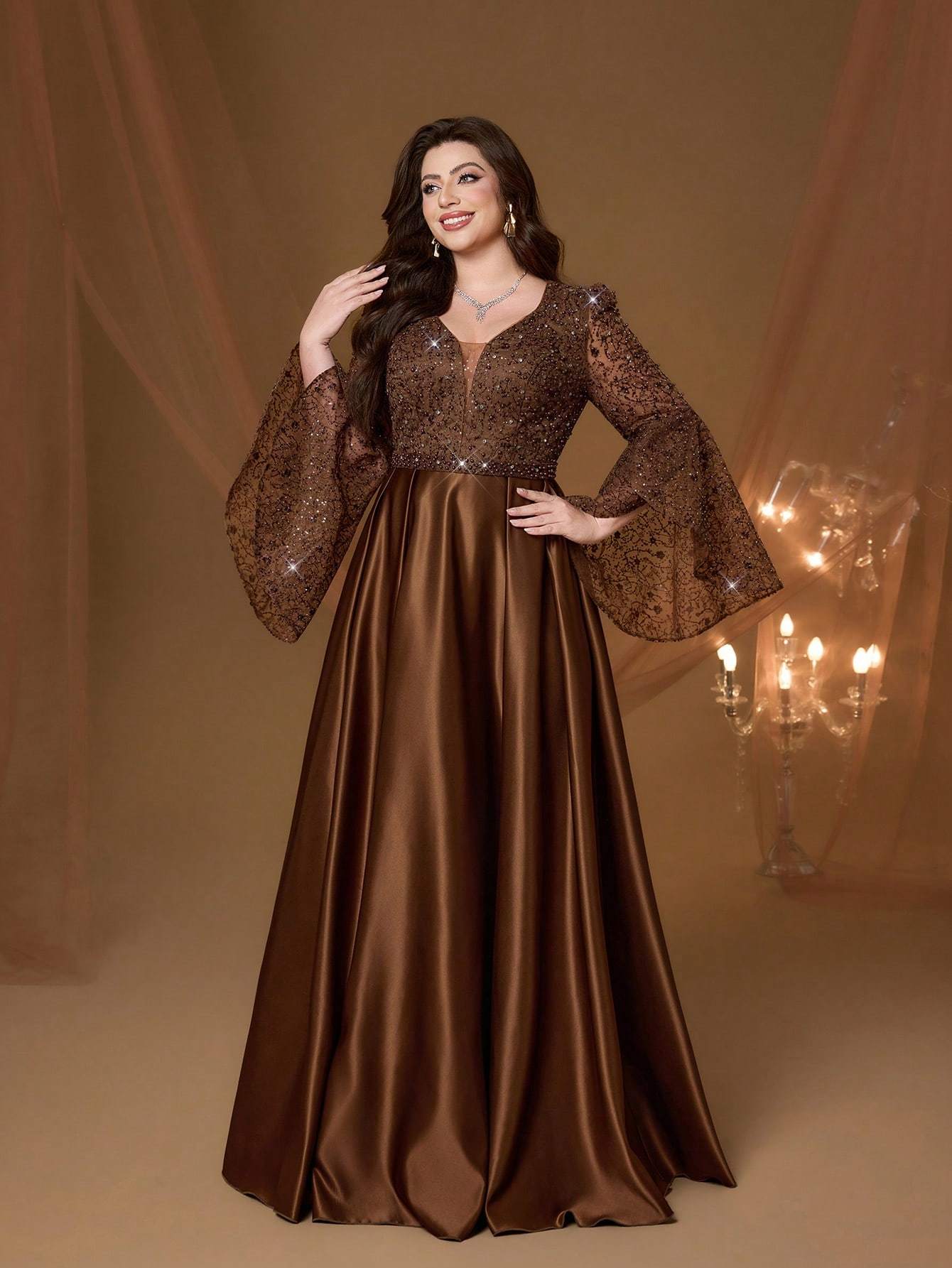 Leely Women's Elegant Sweetheart Cloak Sleeve Lace A-Line Dress