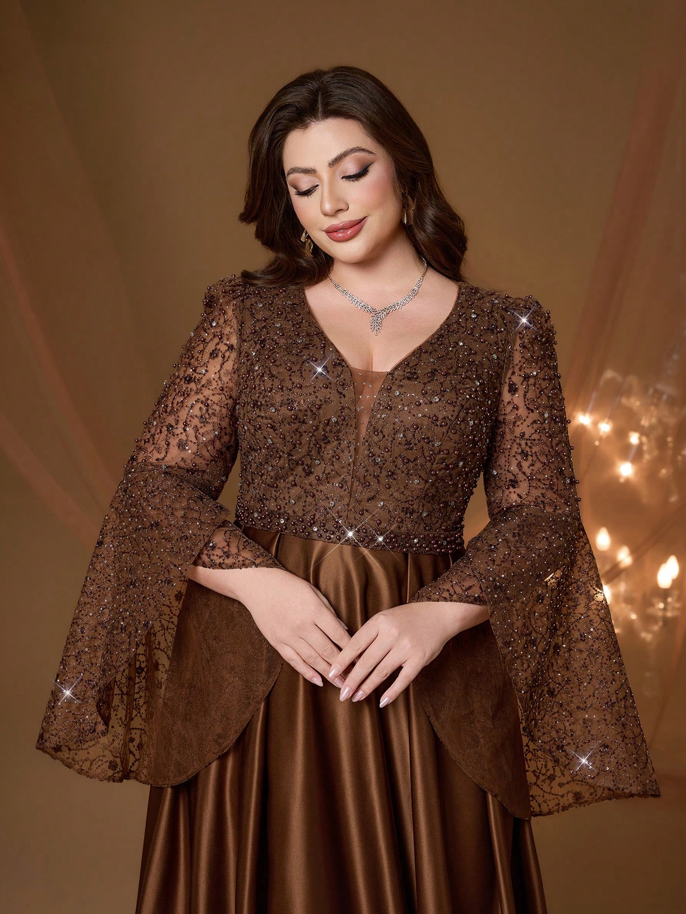 Leely Plus Women's Elegant V Neck Flare Sleeve A-line Party Dress