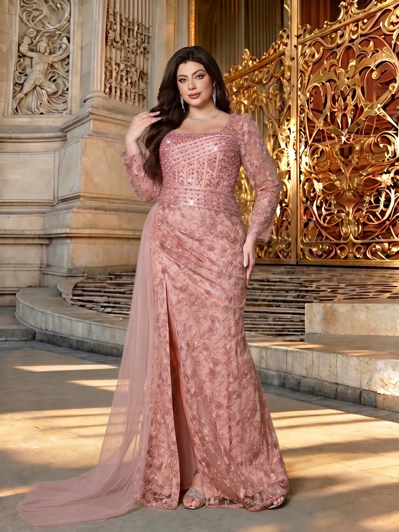 Leely Plus Women's Elegant Queen Anne Neckline Long Sleeve Mermaid Party Dress