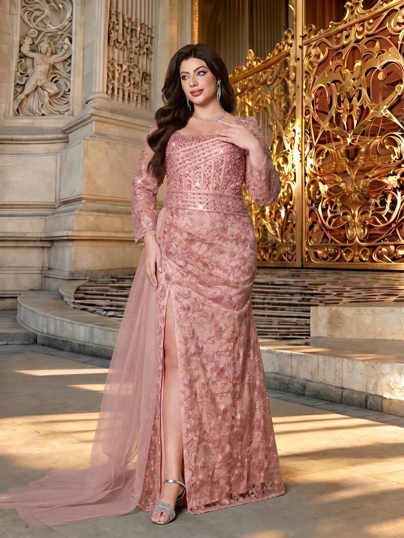 Leely Plus Women's Elegant Queen Anne Neckline Long Sleeve Mermaid Party Dress