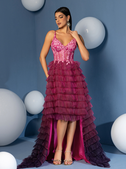 Modecrush A Line V Neck High Low Gradient Ruffle Skirt Prom Homecoming Dress