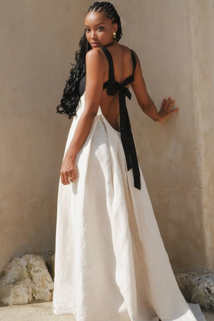 Modecrush White Pleated Cotton-Linen Crew Neck Long Formal & Vacation Dress