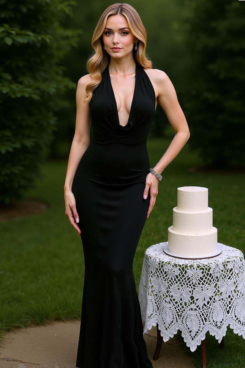 Modecrush Black Spandex V-Neck Sheath Long Dress