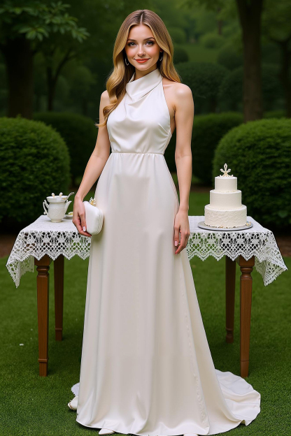 Modecrush White Satin Halter A-Line Long Dress