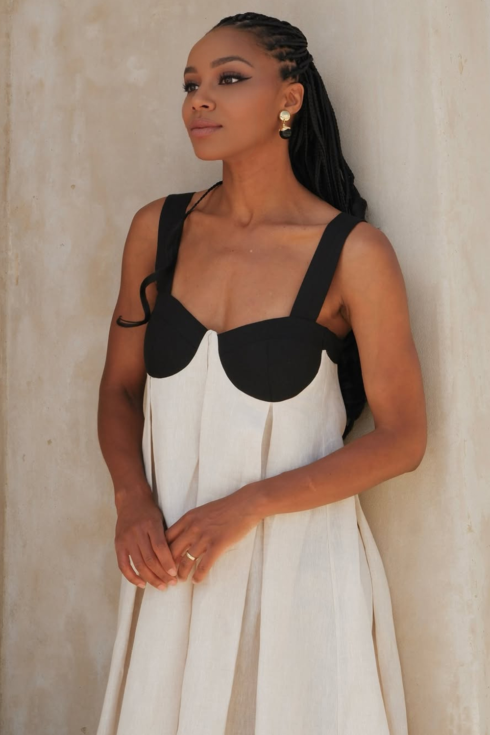 Modecrush White Pleated Cotton-Linen Crew Neck Long Formal & Vacation Dress