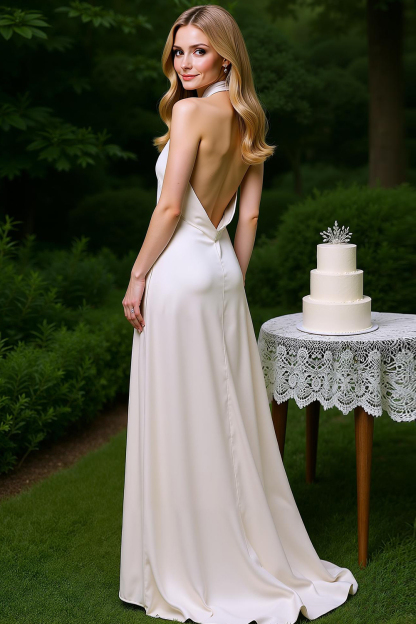 Modecrush White Satin Halter A-Line Long Dress