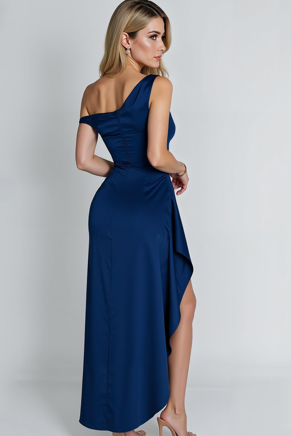 Modecrush Navy Pleated Satin One-Shoulder Long Formal Dress
