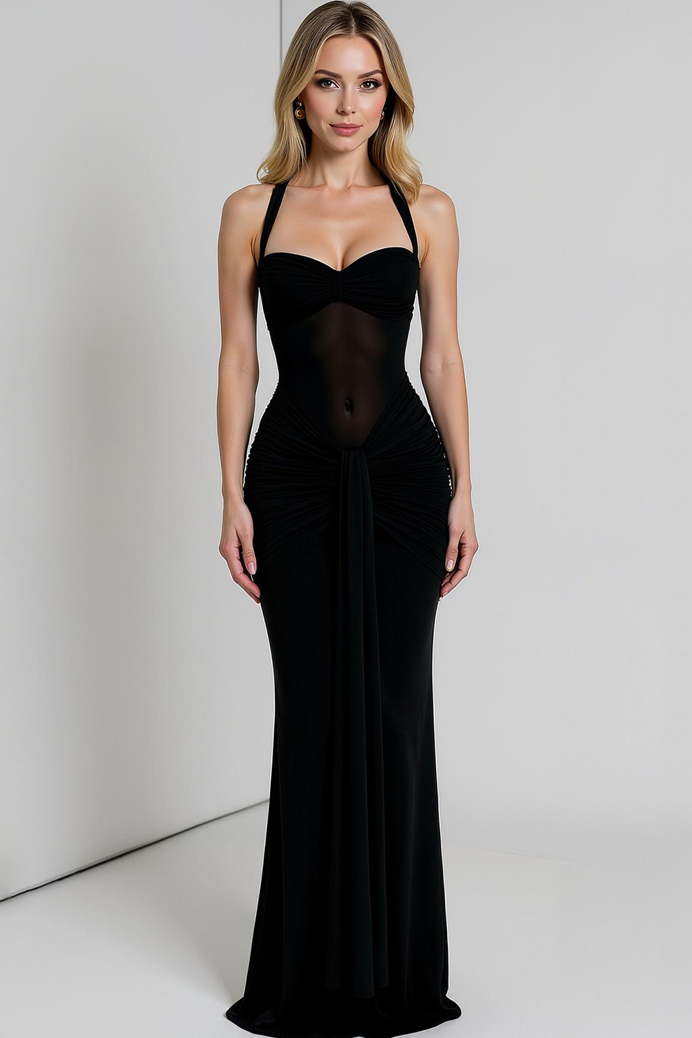 Modecrush Black Pleated Spandex Sweetheart Long Formal Dress