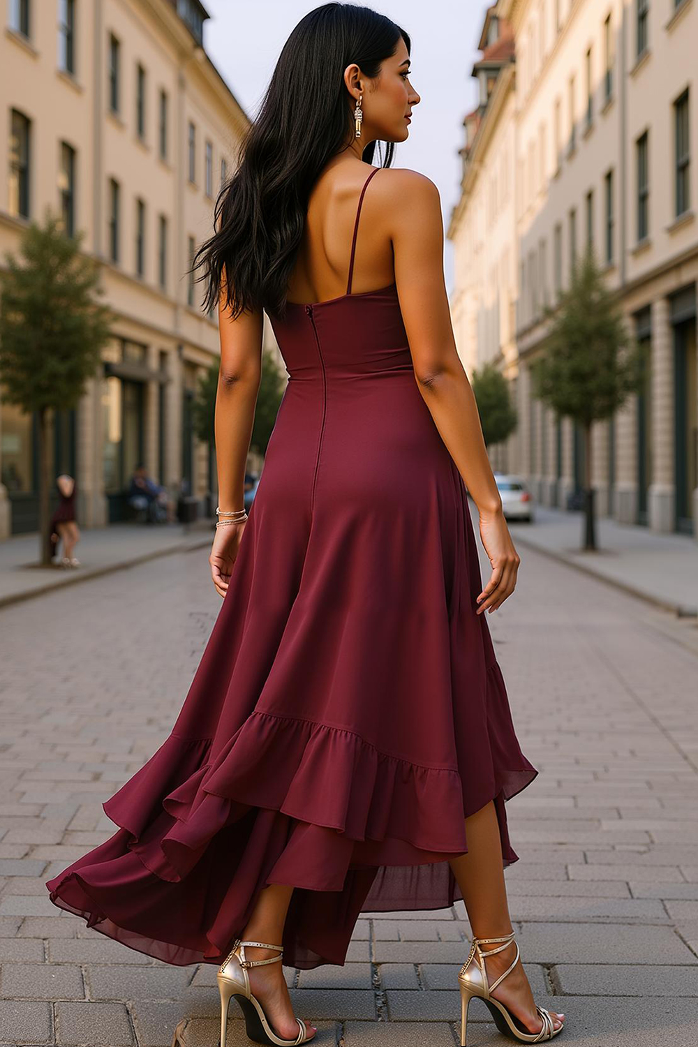 Modecrush Maroon Pleated Chiffon V-Neck Long Formal & Vacation Dress
