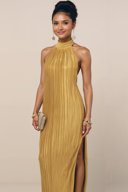 Modecrush Ruched Yellow Satin Halter A-Line Dress with Pleats