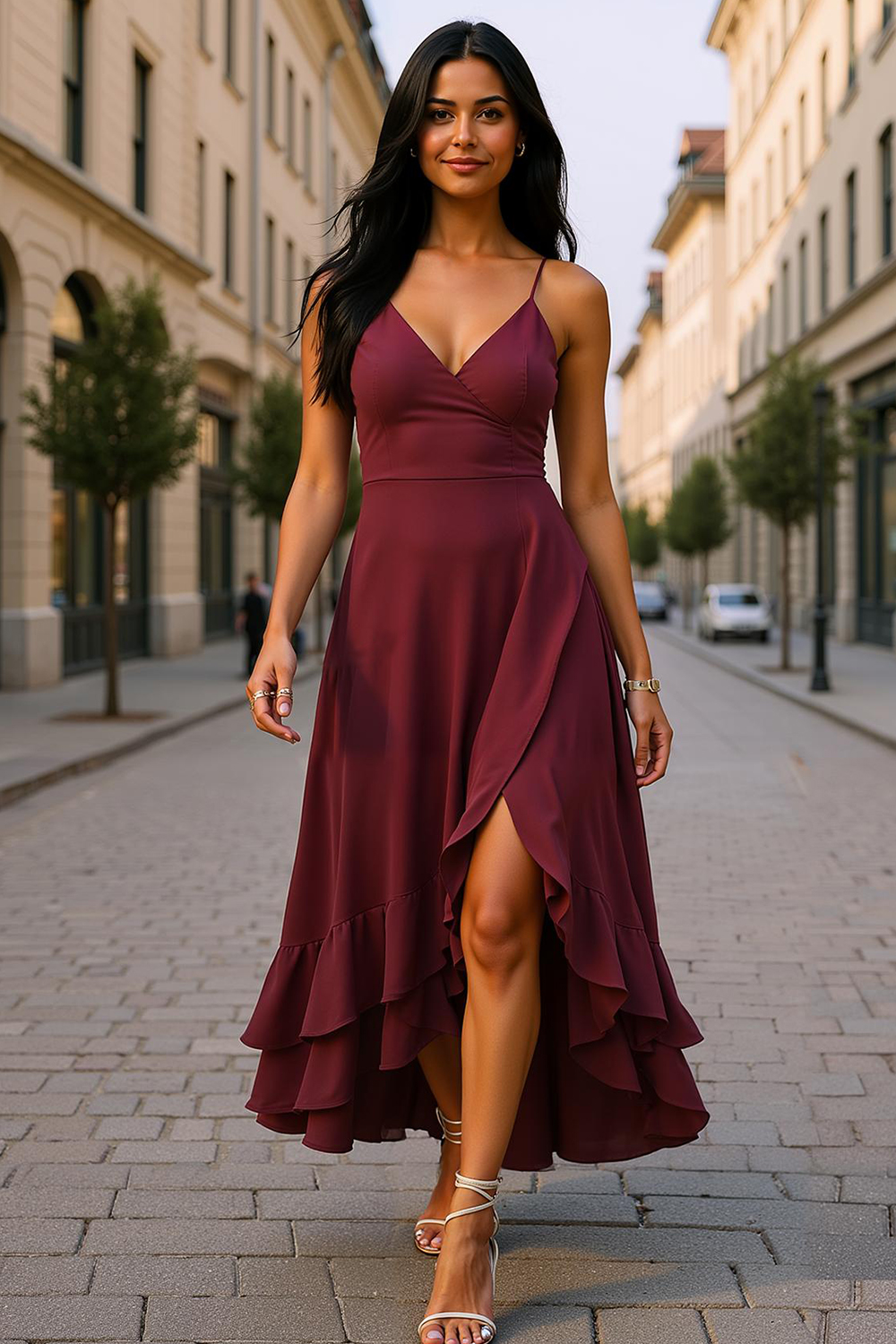 Modecrush Maroon Pleated Chiffon V-Neck Long Formal & Vacation Dress