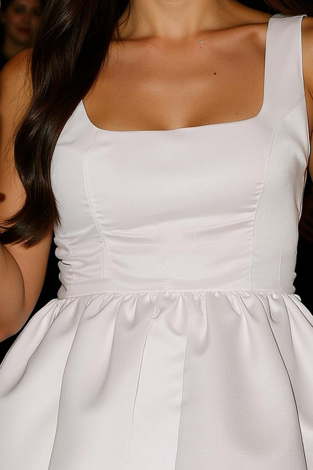 Modecrush Fitted White Satin Square Neck Sheath Little White Dress