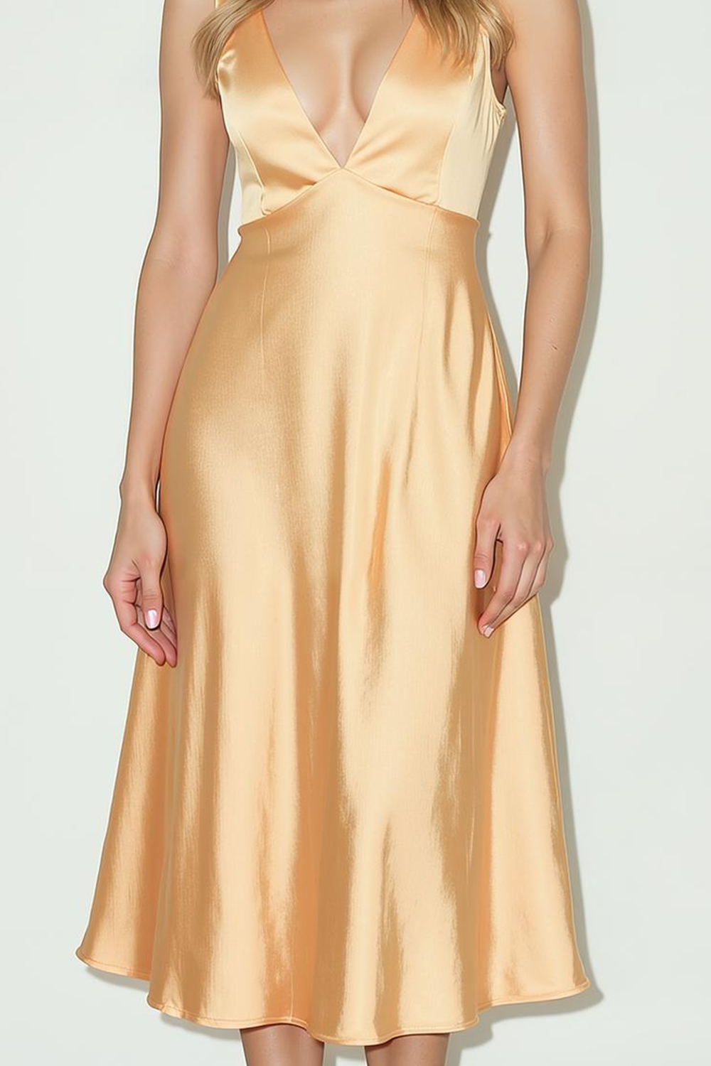 Modecrush Simple Champagne Satin V-Neck A-Line Dress