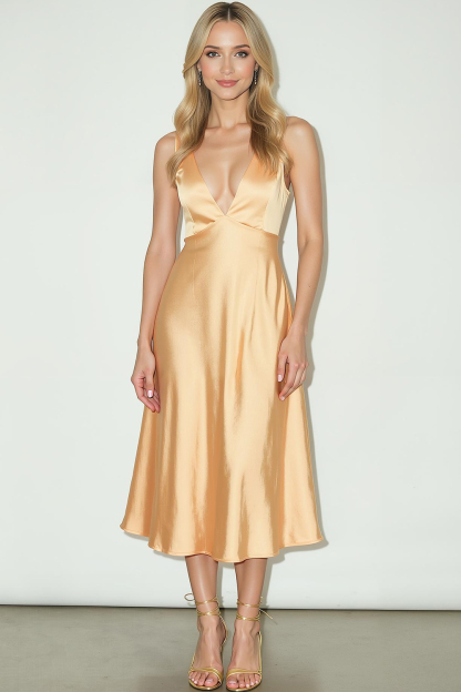 Modecrush Simple Champagne Satin V-Neck A-Line Dress