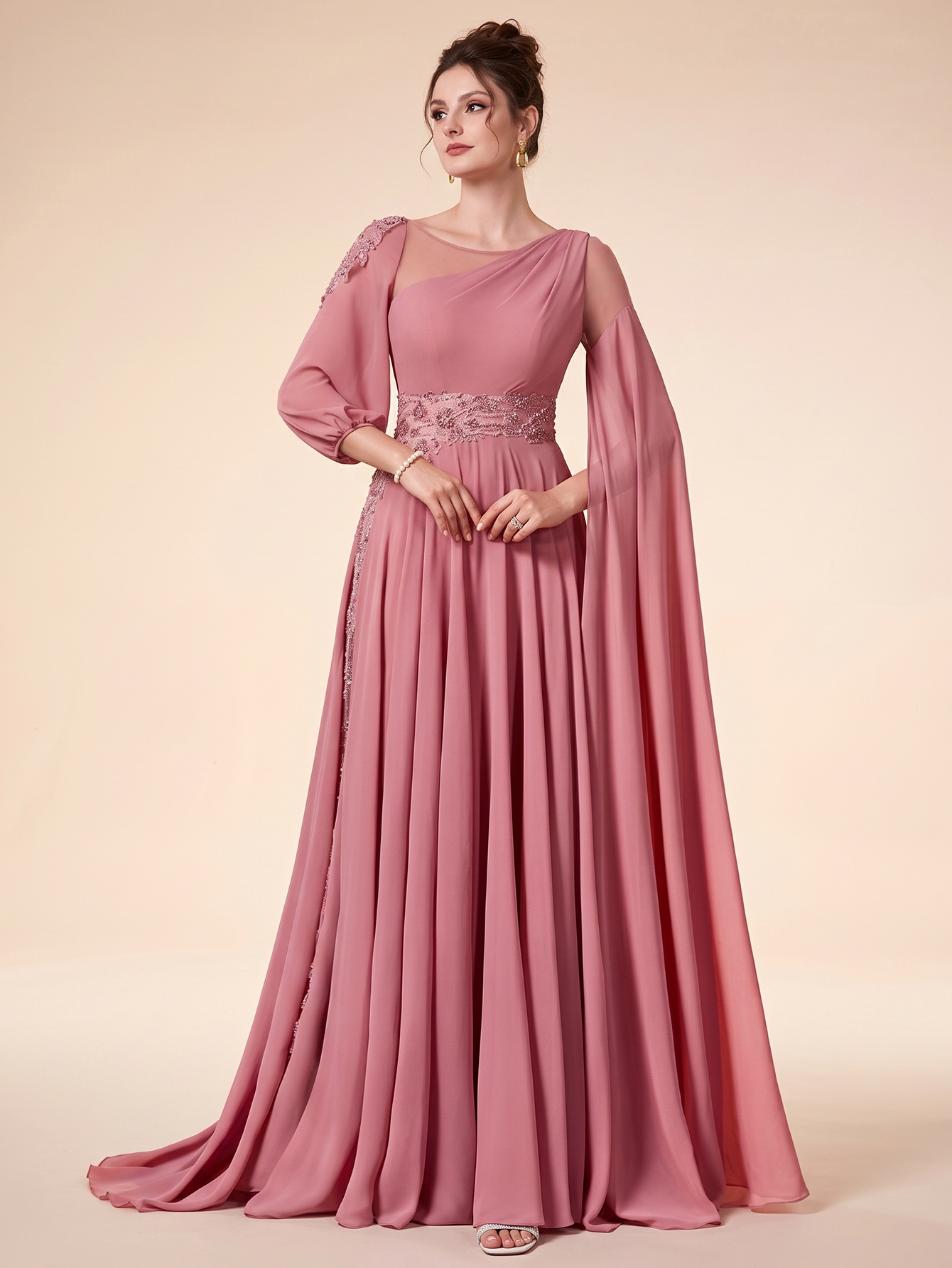 Leely Round Neck Extra-Long Sleeve Prom Dress