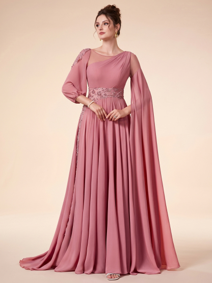 Leely Round Neck Extra-Long Sleeve Prom Dress