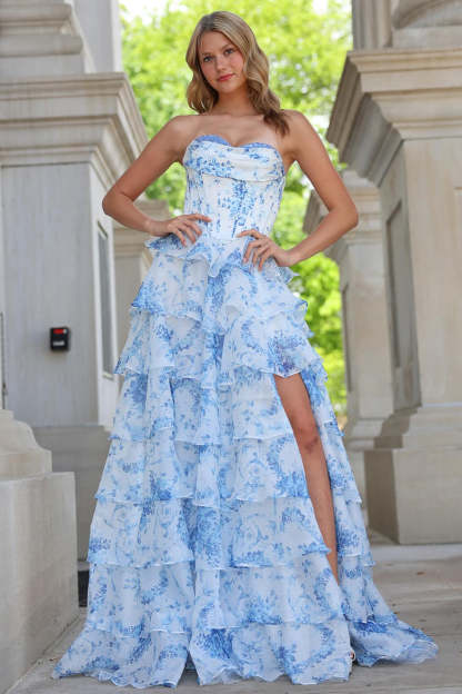 Modecrush A-Line Sweetheart Tiered Blue White Flower Long Prom Dress with Slit