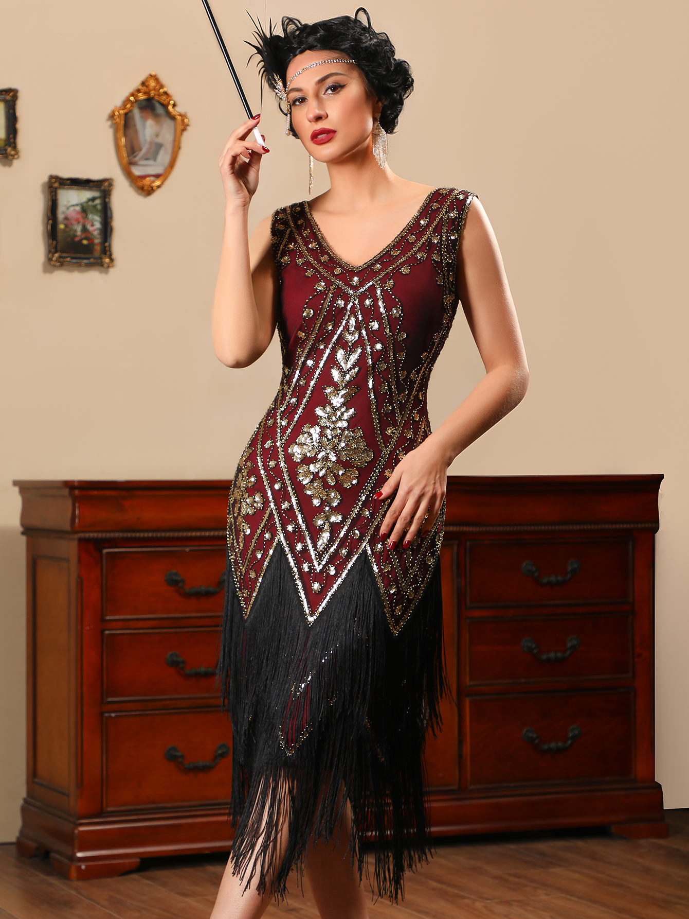 Modecrush Long Fringed Gatsby Dress Women's 1920s Fringe Trim Sequin Dress Without Arm Sleeves