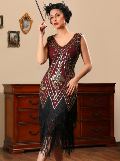 Modecrush Long Fringed Gatsby Dress Women's 1920s Fringe Trim Sequin Dress Without Arm Sleeves